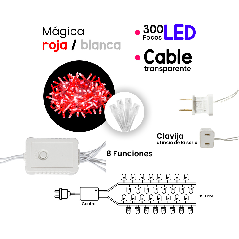 Serie Navideña 300 Led Luz Roja/blanca 15 Mts 8 Funciones