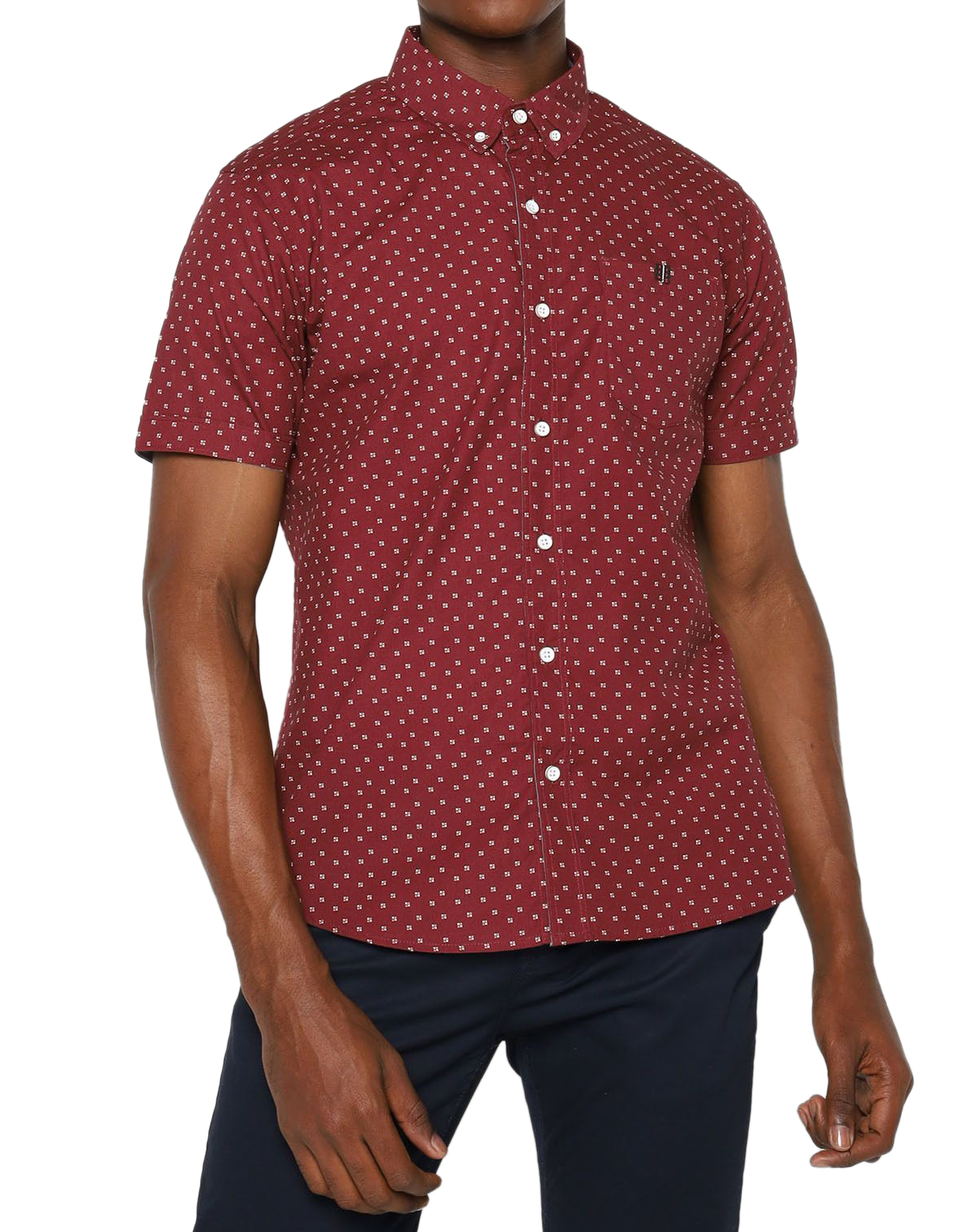 Camisa Manga Corta Rojo Vino Estampada con detalles en blanco - Stitches & Rivets