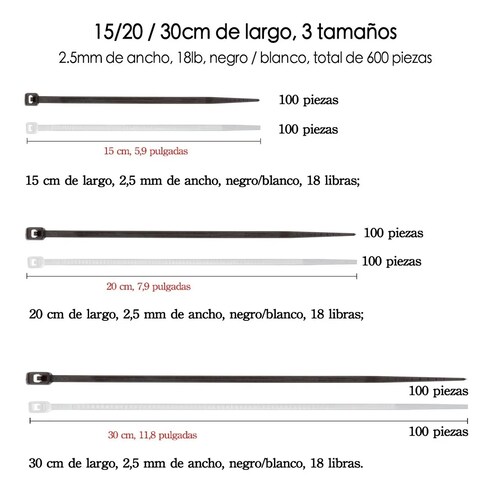 Set Cincho Plástico, Incluye 3 Tamaños,15,20,30cm,18lb, 600 Pzs