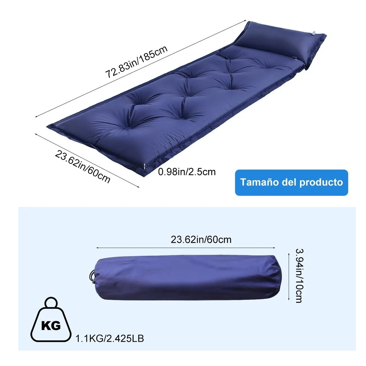 Colchoneta Acampar Inflable Ultraligera Portátil + Almohada  Azul