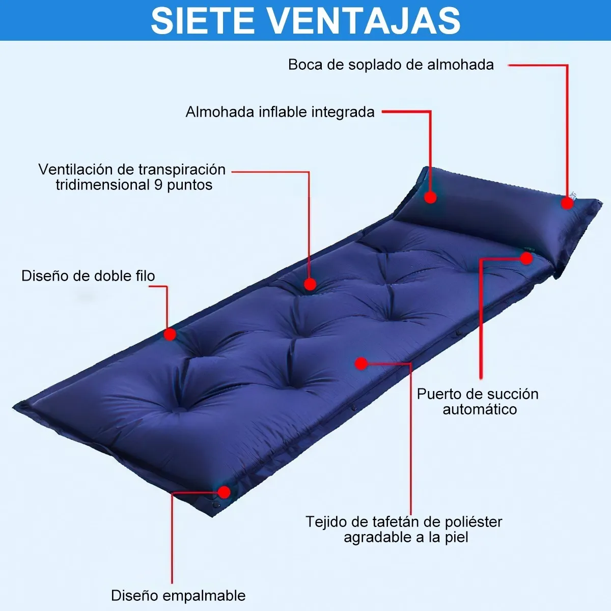 Colchoneta Acampar Inflable Ultraligera Portátil + Almohada  Azul