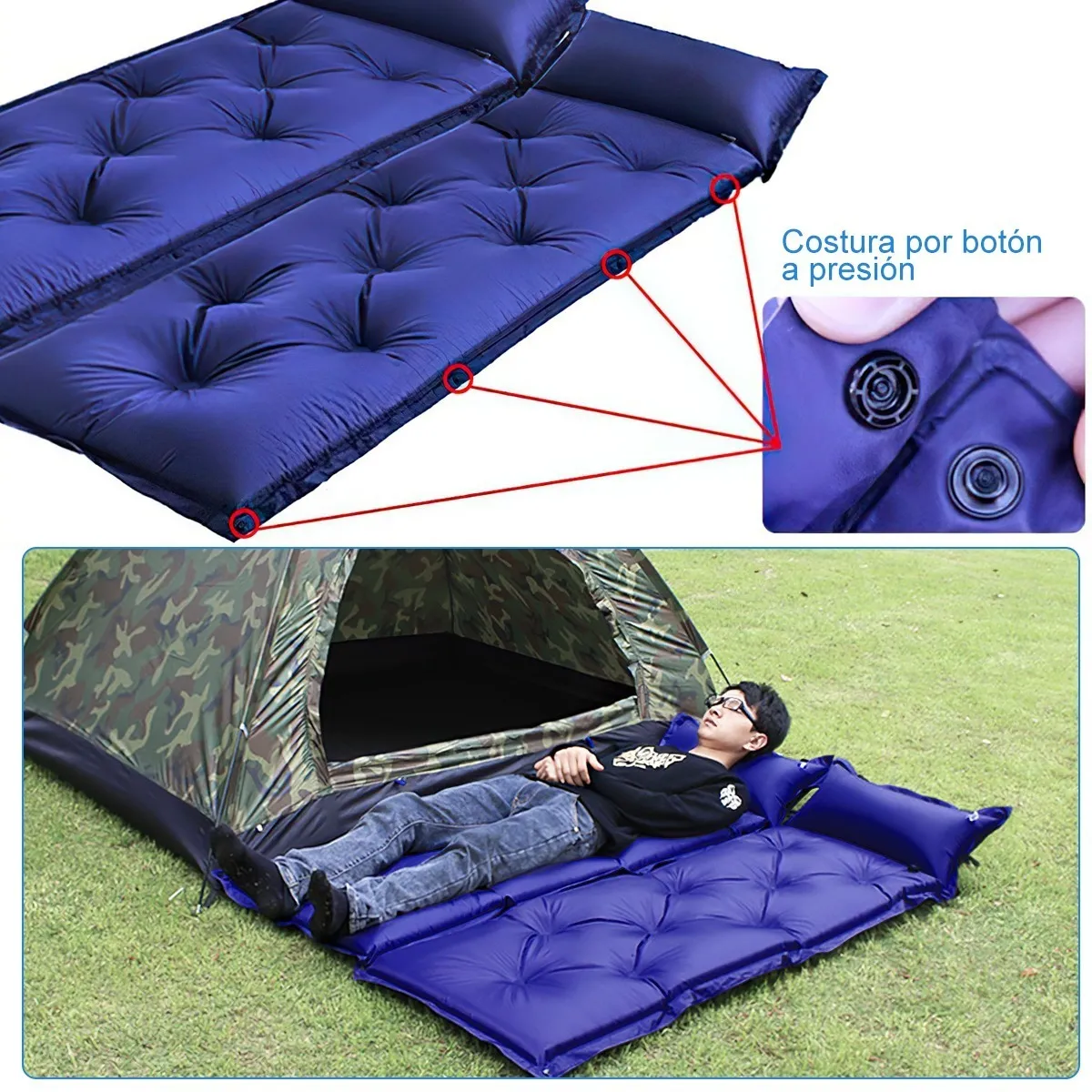 Colchoneta Acampar Inflable Ultraligera Portátil + Almohada  Azul