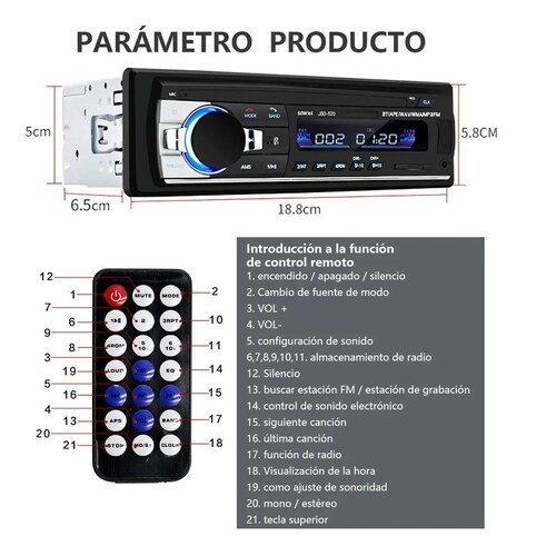 Autoestéreo Para Auto Reproductor Mp3 1 Din Con Bluetooth 