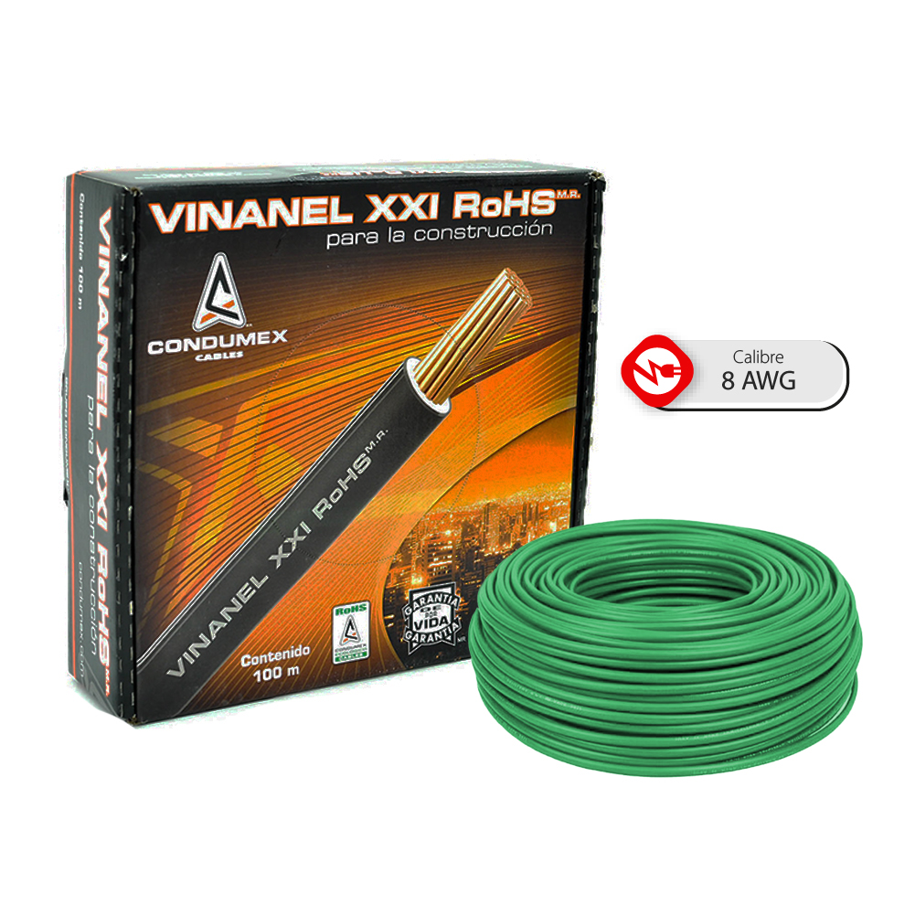 Caja 100 Mts, Cable eléctrico VERDE, Cal 8, 100% CONDUMEX