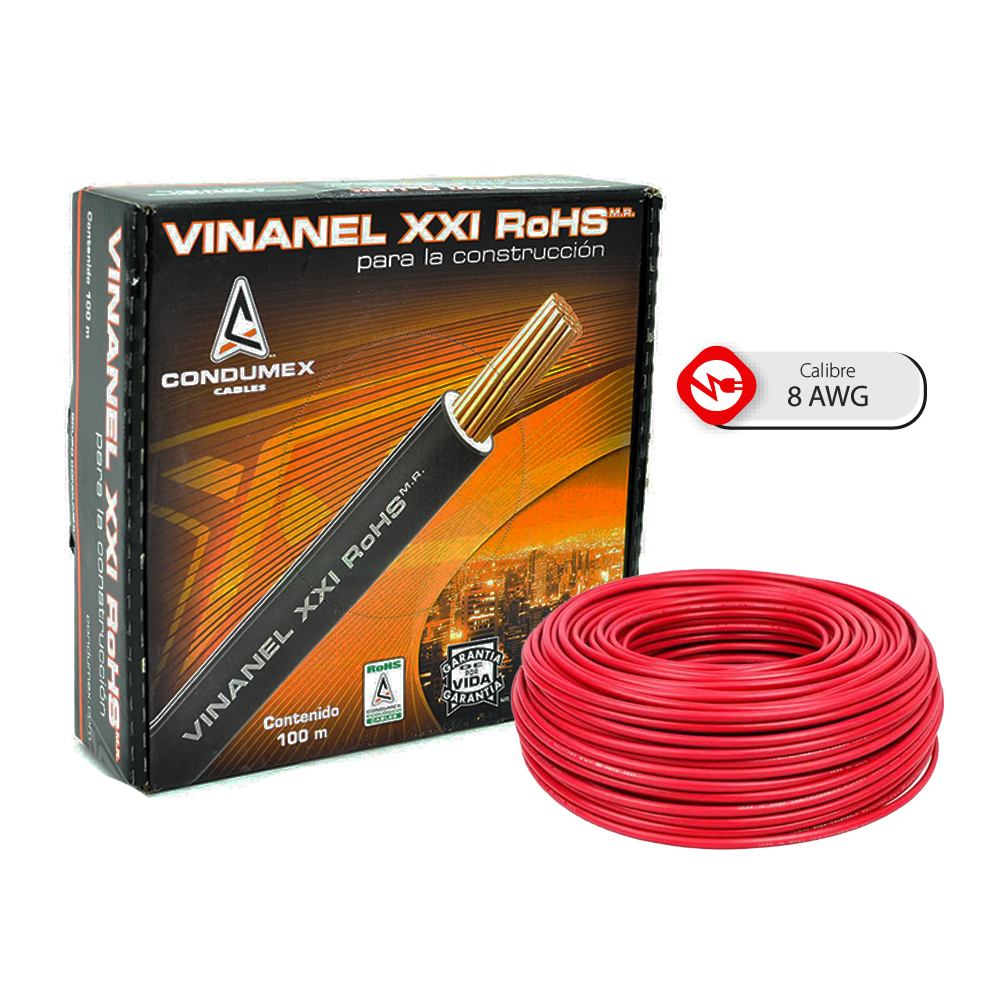 Caja 100 Mts, Cable eléctrico ROJO, Cal 8, 100% Condumex