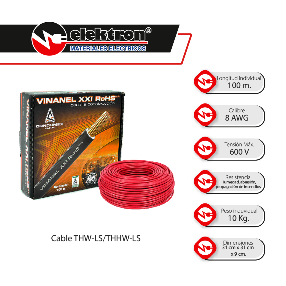 Caja 100 Mts, Cable eléctrico ROJO, Cal 8, 100% Condumex