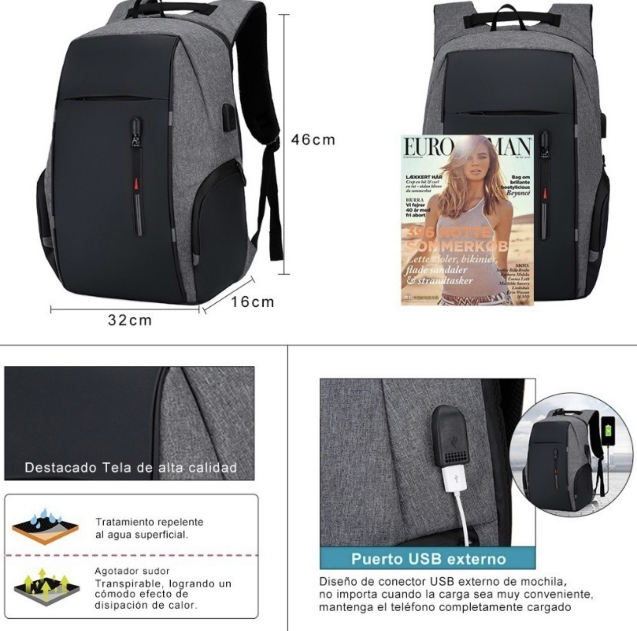 Mochila Urbana Impermeable con Multicompartimientos, Espacio para Laptop, Puerto de carga USB | Para Escuela, Oficina, Viajes, Negocios | Color: Gris