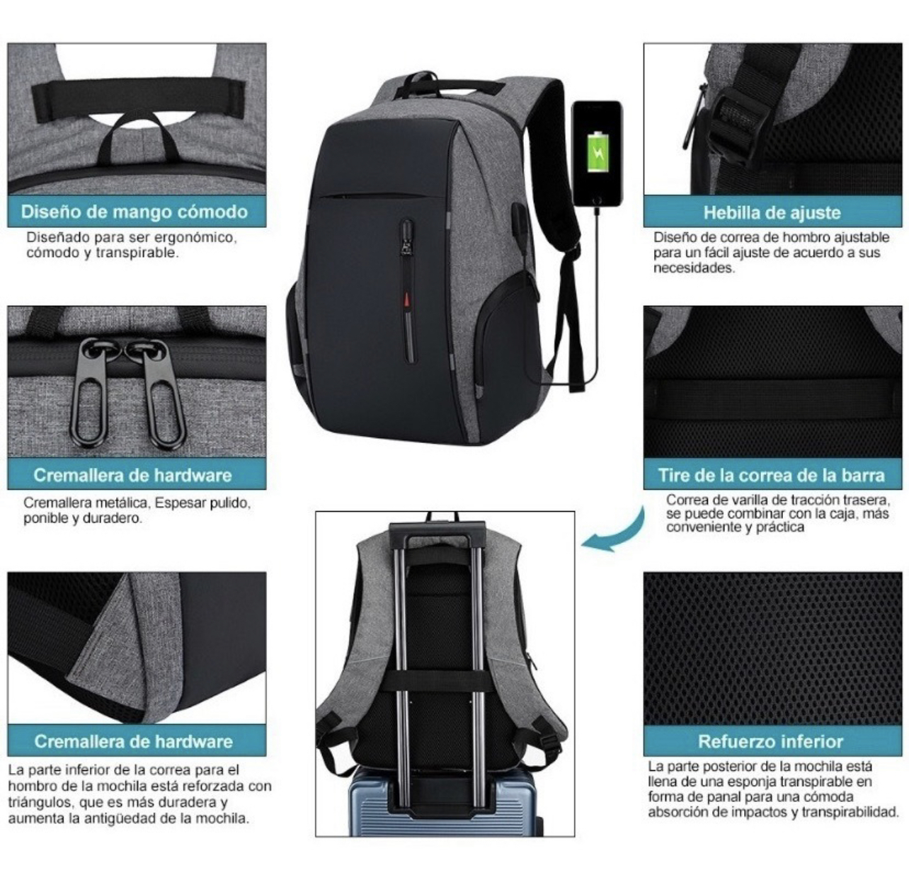 Mochila Urbana Impermeable con Multicompartimientos, Espacio para Laptop, Puerto de carga USB | Para Escuela, Oficina, Viajes, Negocios | Color: Gris