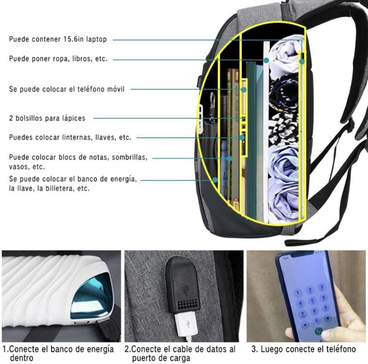 Mochila Urbana Impermeable con Multicompartimientos, Espacio para Laptop, Puerto de carga USB | Para Escuela, Oficina, Viajes, Negocios | Color: Gris
