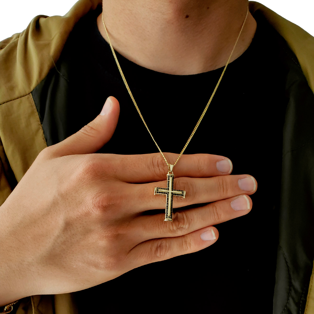 Dije cruz de oro de 10k Hombre con piedra zirconia negra, incluye certificado y caja de regalo, regalo para hombre