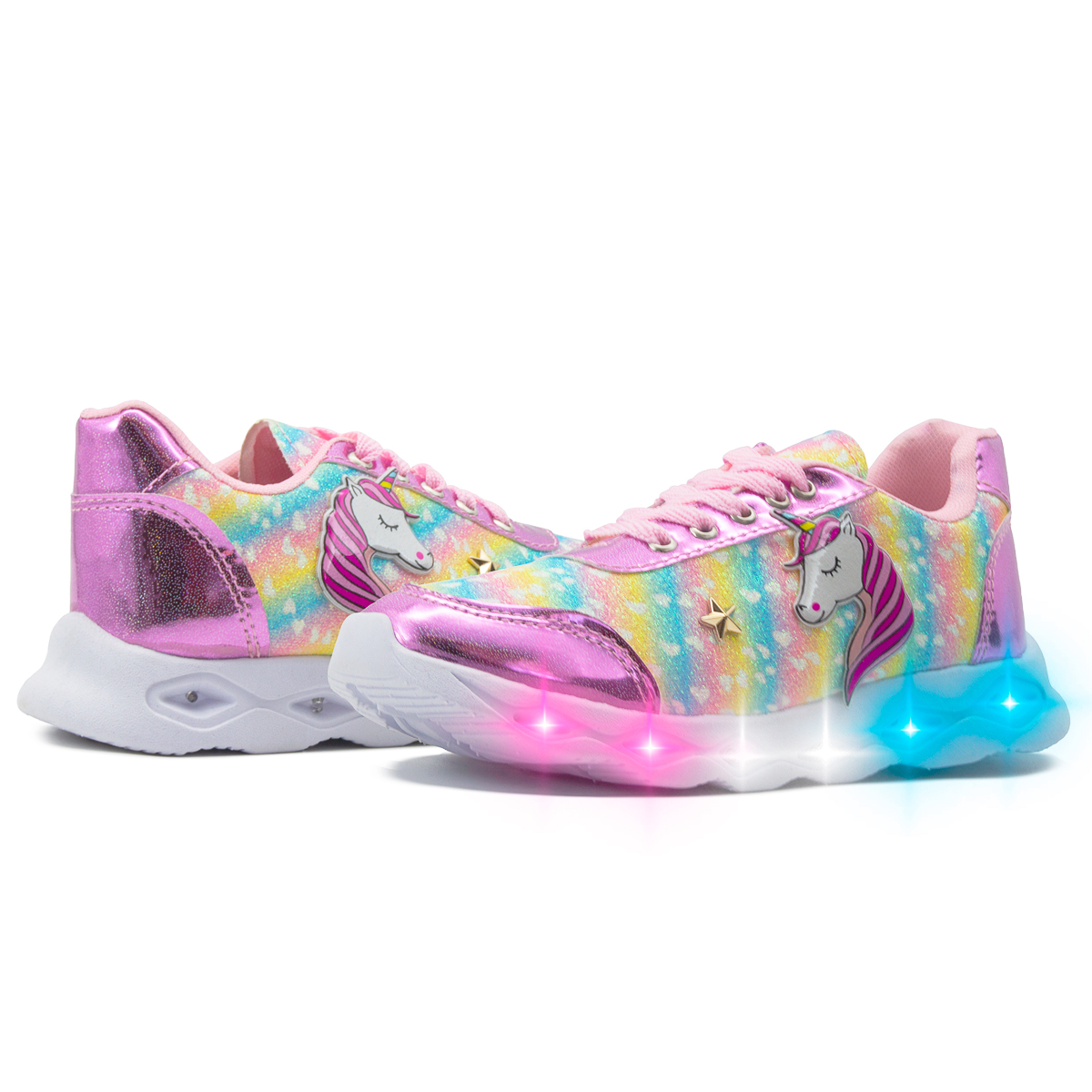 Tenis Con Luces Led Unicornio Ninos Arcoiris Rosa 12-21.5
