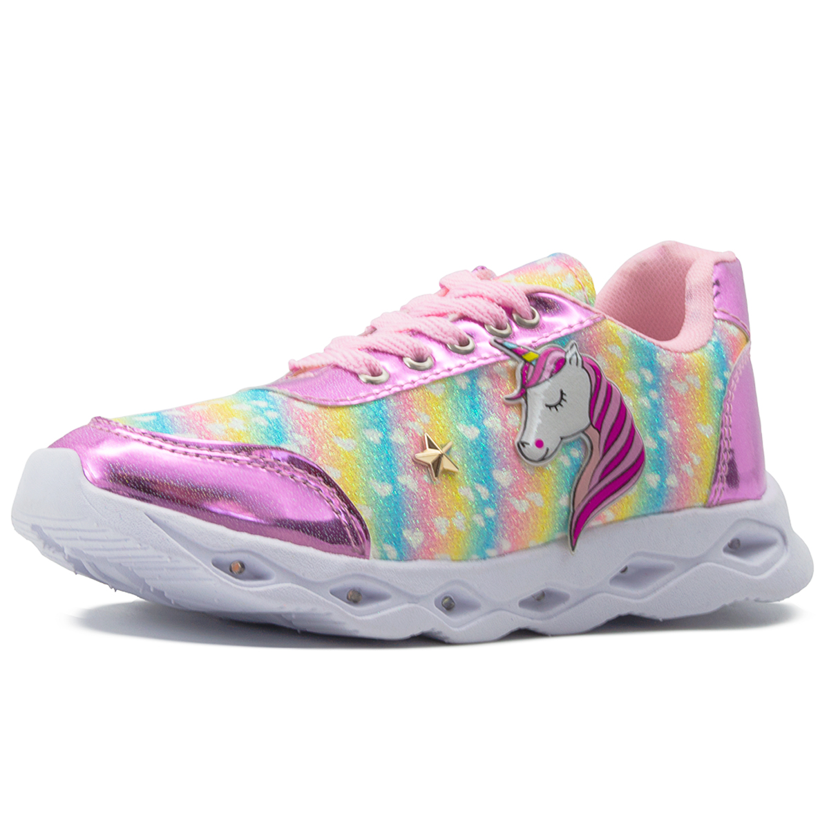 Tenis Con Luces Led Unicornio Ninos Arcoiris Rosa 12-21.5