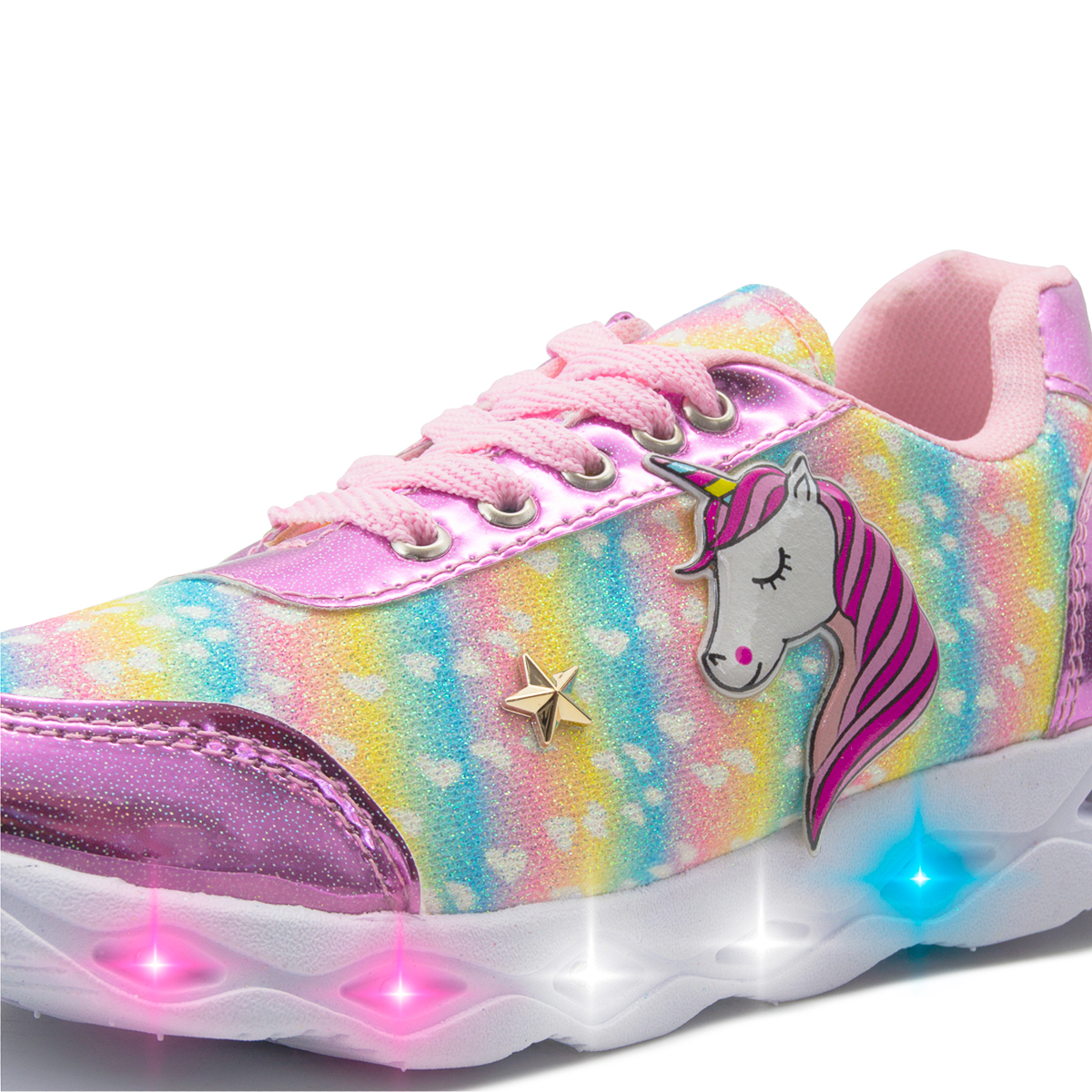 Tenis Con Luces Led Unicornio Ninos Arcoiris Rosa 12-21.5