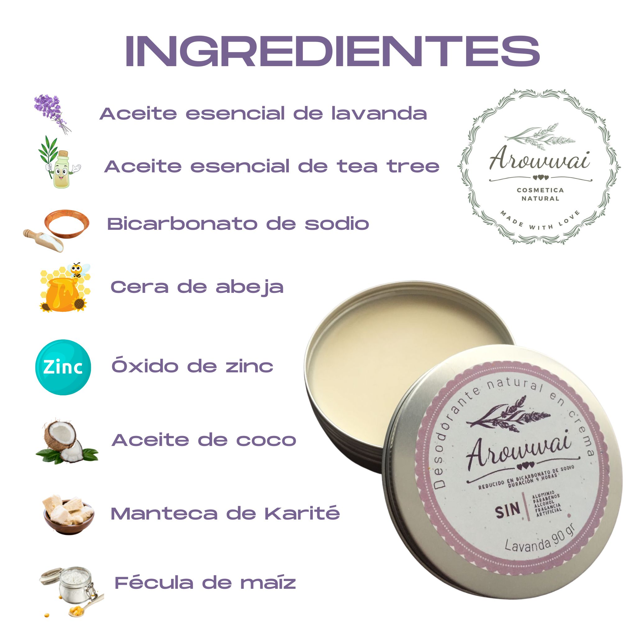 Desodorante natural en crema Mujer- elimina el mal olor - libre de químicos- Aroma Lavanda