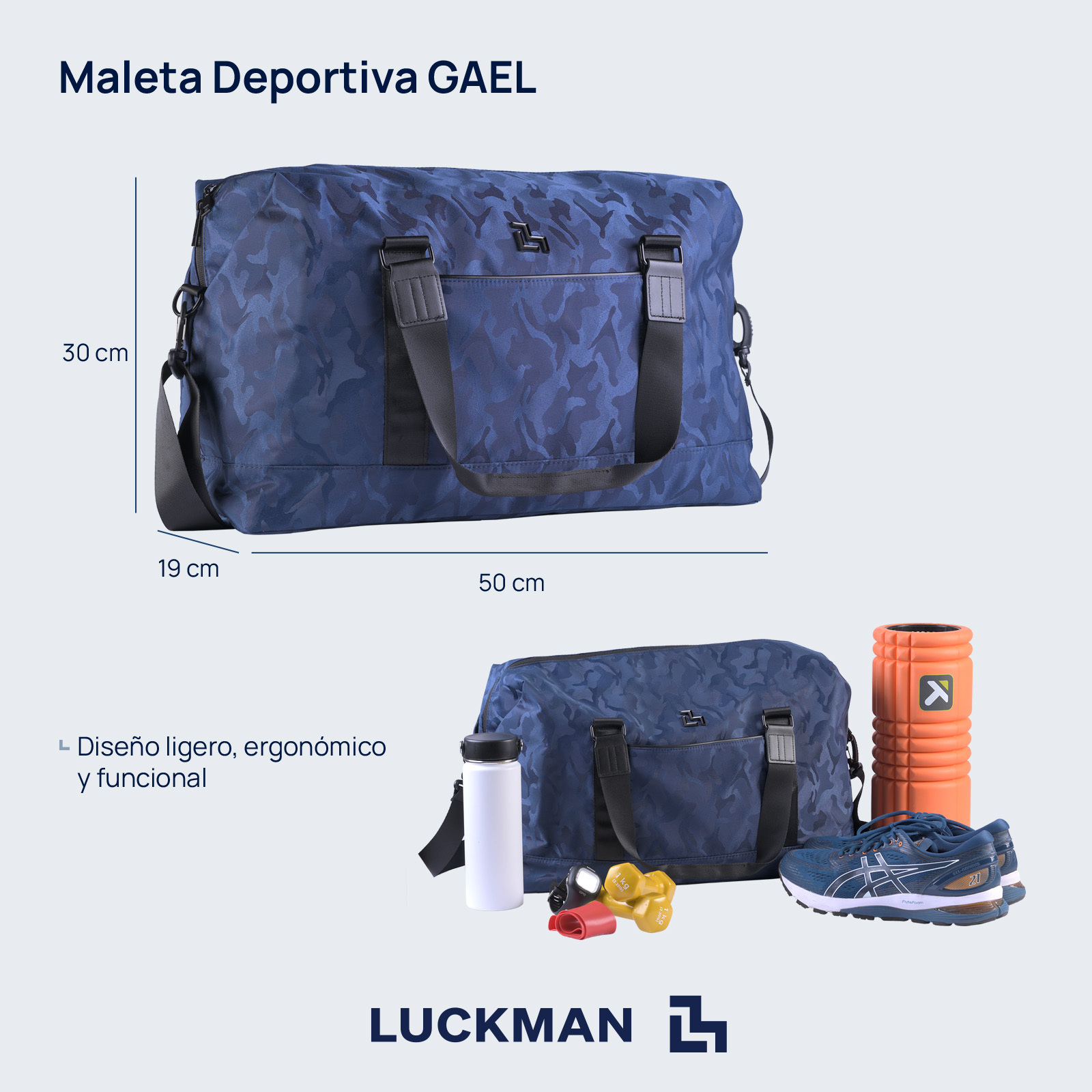 LUCKMAN Maleta Deportiva Hombre y de Viaje Múltiples Compartimentos - Modelo Gael, Azul Militar