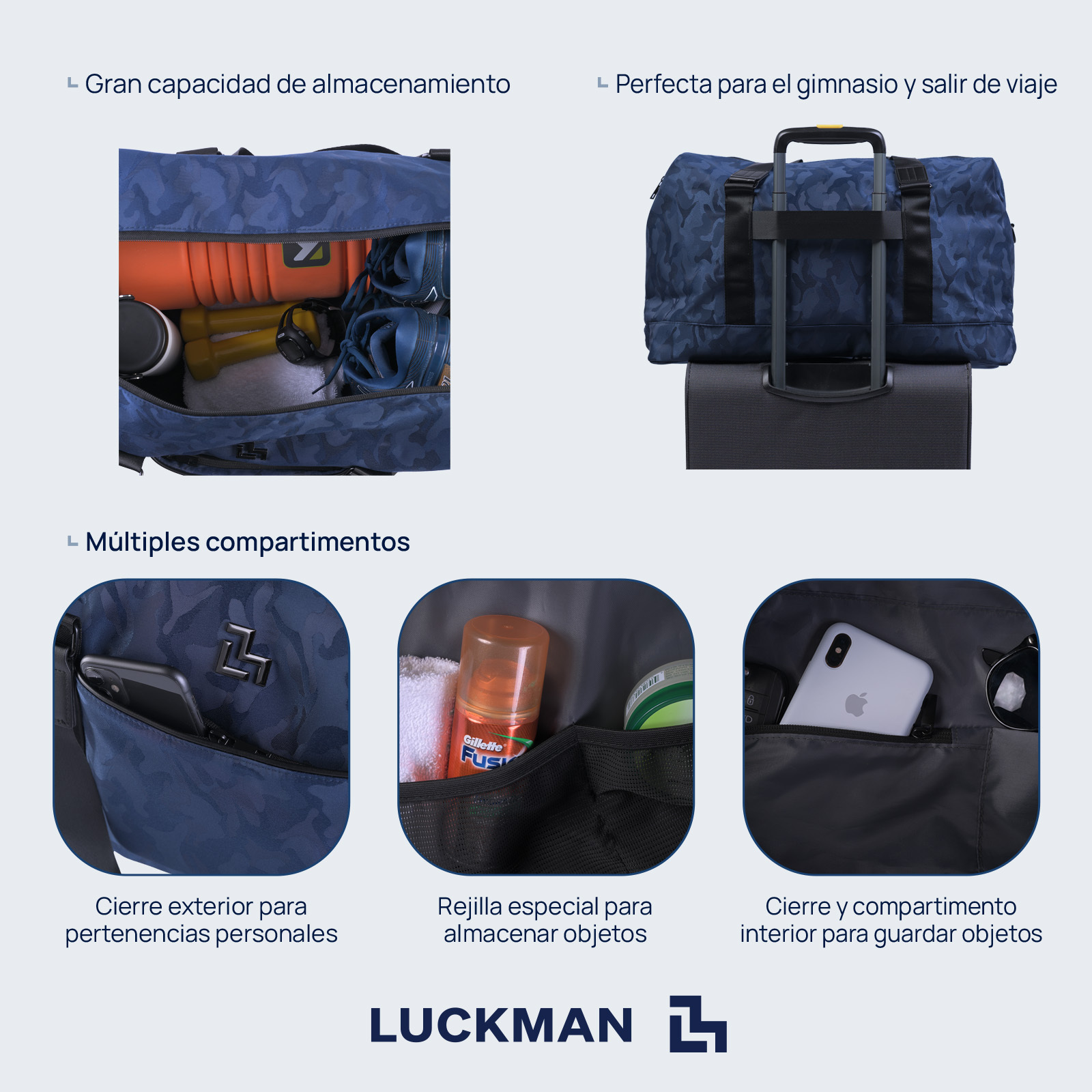 LUCKMAN Maleta Deportiva Hombre y de Viaje Múltiples Compartimentos - Modelo Gael, Azul Militar