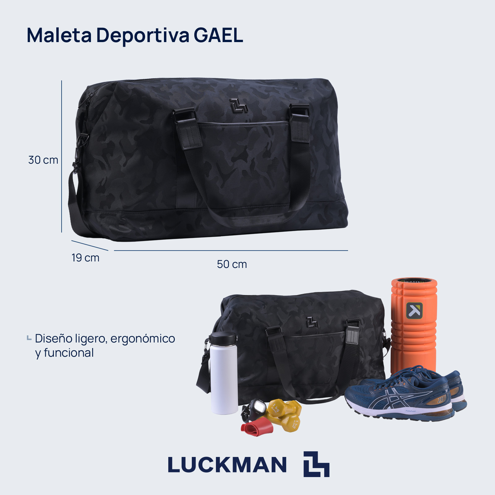 LUCKMAN Maleta Deportiva Hombre y de Viaje Múltiples Compartimentos - Modelo Gael, Negro Militar