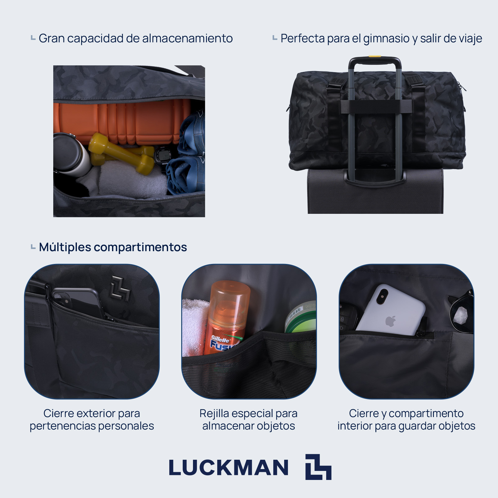LUCKMAN Maleta Deportiva Hombre y de Viaje Múltiples Compartimentos - Modelo Gael, Negro Militar