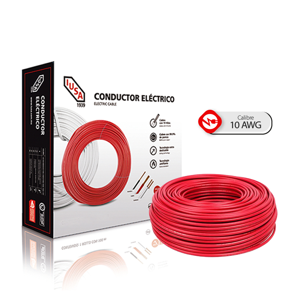 Caja 100 Mts, Cable eléctrico Rojo, Cal 10, 100% IUSA