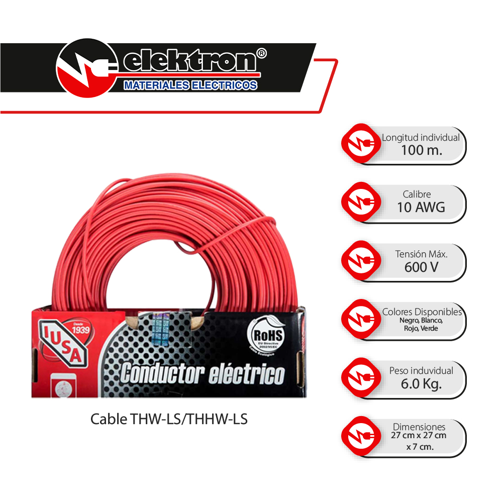 Caja 100 Mts, Cable eléctrico Rojo, Cal 10, 100% IUSA