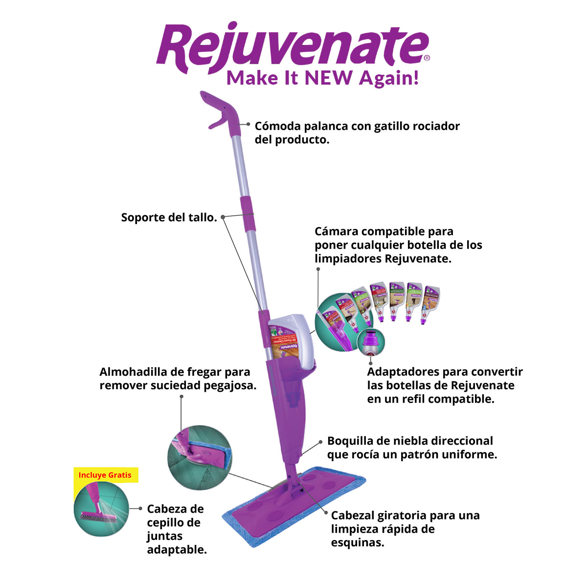 Trapeador Multiusos 4 En 1 Rejuvenate Mop + 2 Spray Tv Ofertas All Floors y Soap Scum Remover con Cepillo Adaptable