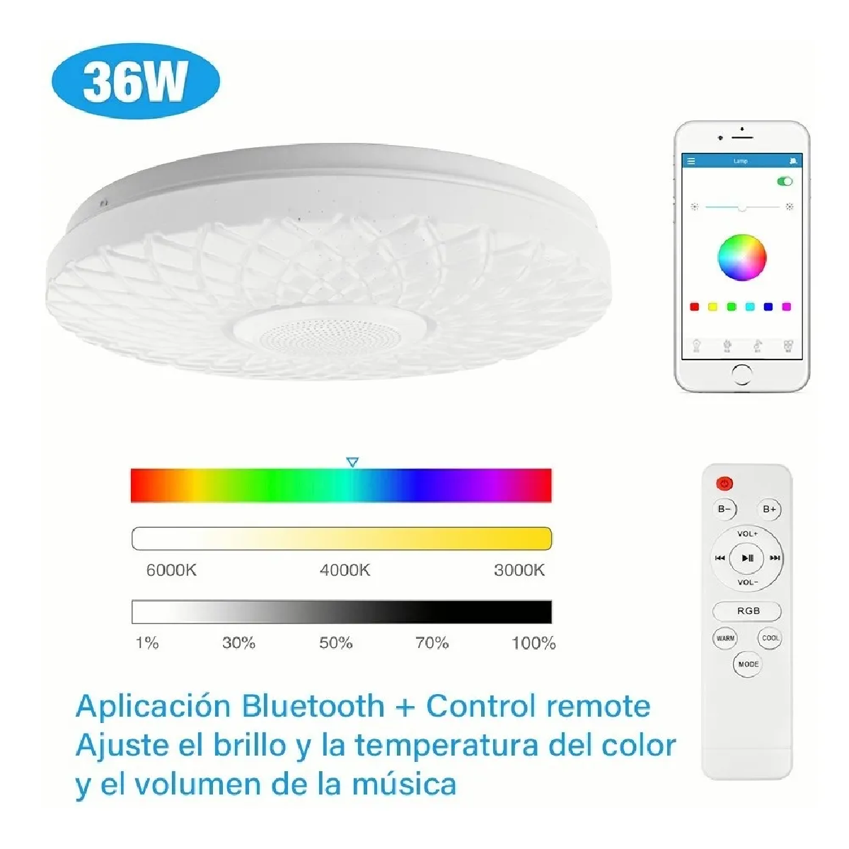 Luz De Techo Inteligente Led Bluetooth Plafón Con Bocina 36w