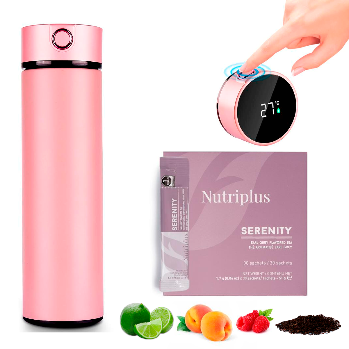 Termo Inteligente Pantalla LED Táctil Botella  Termo Taza 500 ml/17 oz Vaso Térmico Mas Caja Te Nutriplus Natural  Sabor A Frutas Farmasi Color Rosa