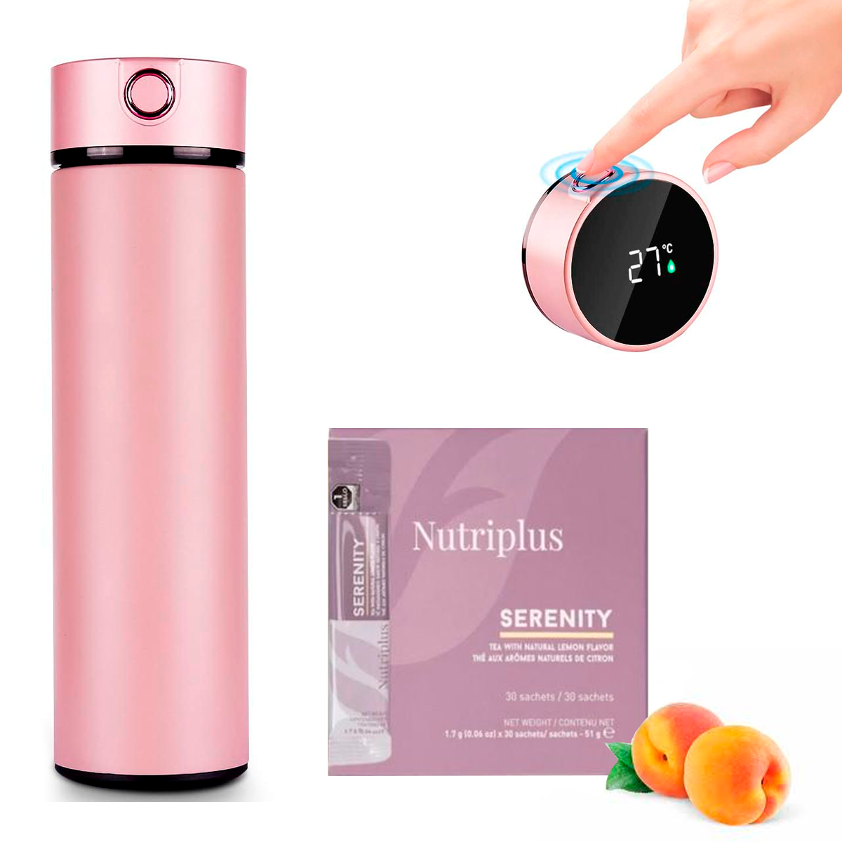 Termo Inteligente Pantalla LED Táctil Botella  Termo Taza 500 ml/17 oz Vaso Térmico Mas Caja Te Nutriplus Natural  Sabor A Frutas Farmasi Color Rosa