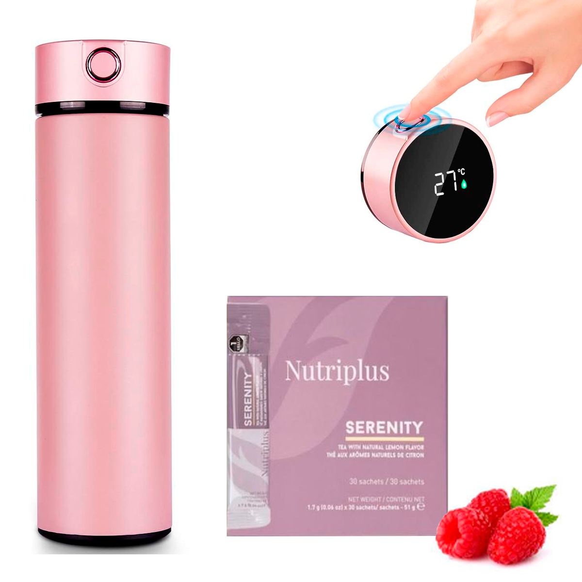 Termo Inteligente Pantalla LED Táctil Botella  Termo Taza 500 ml/17 oz Vaso Térmico Mas Caja Te Nutriplus Natural  Sabor A Frutas Farmasi Color Rosa