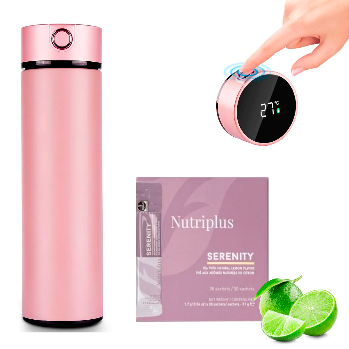 Termo Inteligente Pantalla LED Táctil Botella  Termo Taza 500 ml/17 oz Vaso Térmico Mas Caja Te Nutriplus Natural  Sabor A Frutas Farmasi Color Rosa