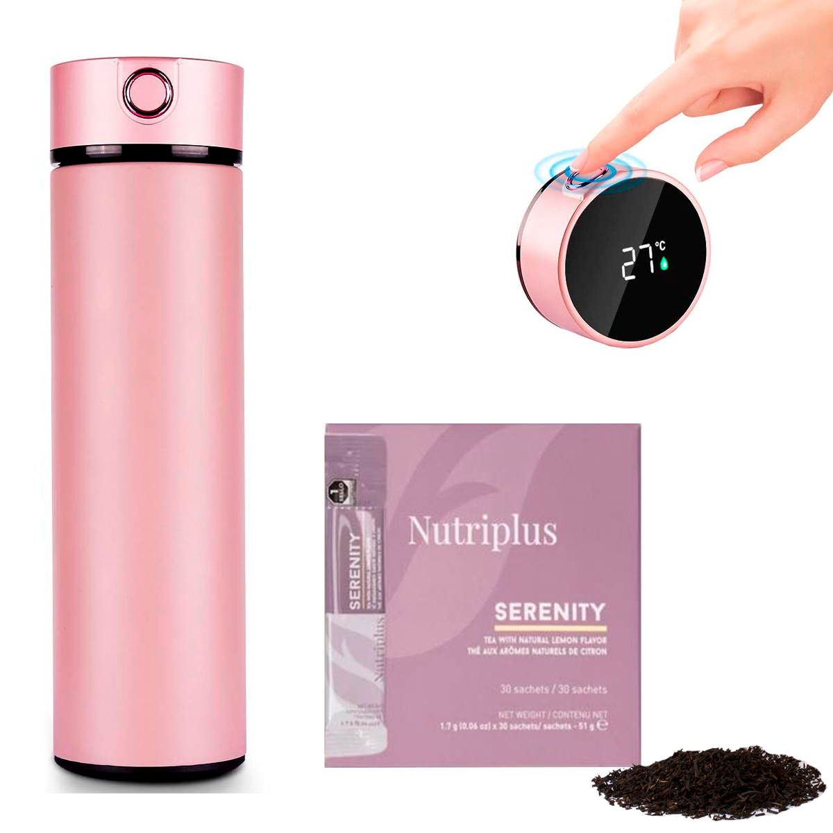 Termo Inteligente Pantalla LED Táctil Botella  Termo Taza 500 ml/17 oz Vaso Térmico Mas Caja Te Nutriplus Natural  Sabor A Frutas Farmasi Color Rosa
