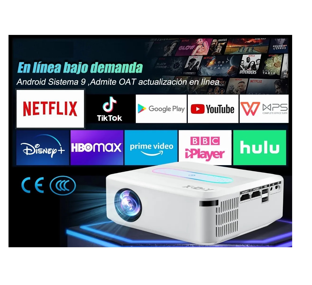 Proyector Led Android Wifi 8k Full Hd 1080p 8000lumens Blanco