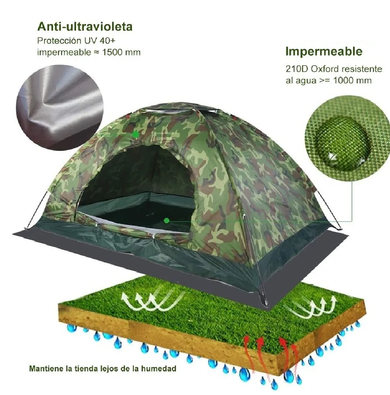 Tienda Casa Campaña 3 Personas/gran Espacio /fácil Instalar Camuflaje