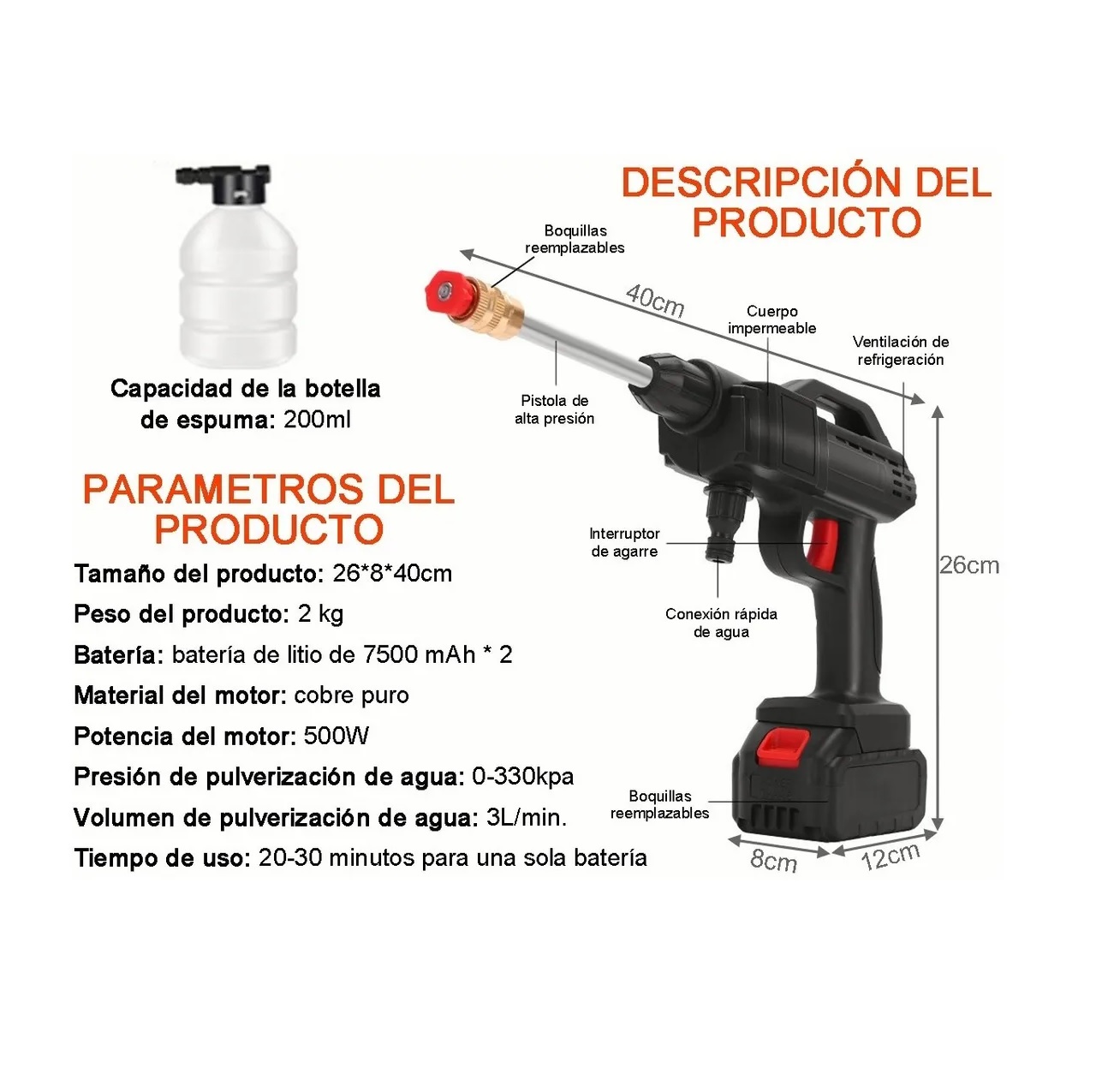 Pistola Lavado Coche Hidrolavadora Inalámbrico Alta Presión