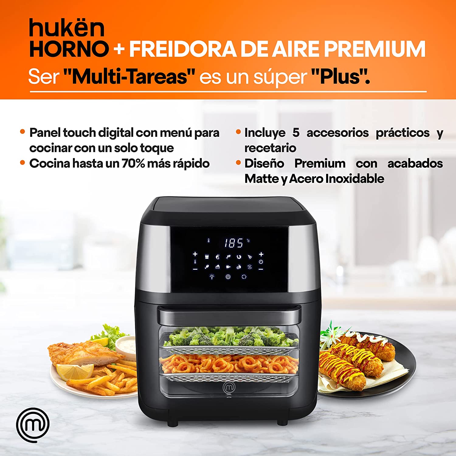 MASTERCHEF  Freidora de Aire  Horno de Conveccion Multifuncion, Rostizador, Deshidratador y mas  Air Fryer Oven  12 Litros  Pantalla Tactil  10 Funciones 1700W