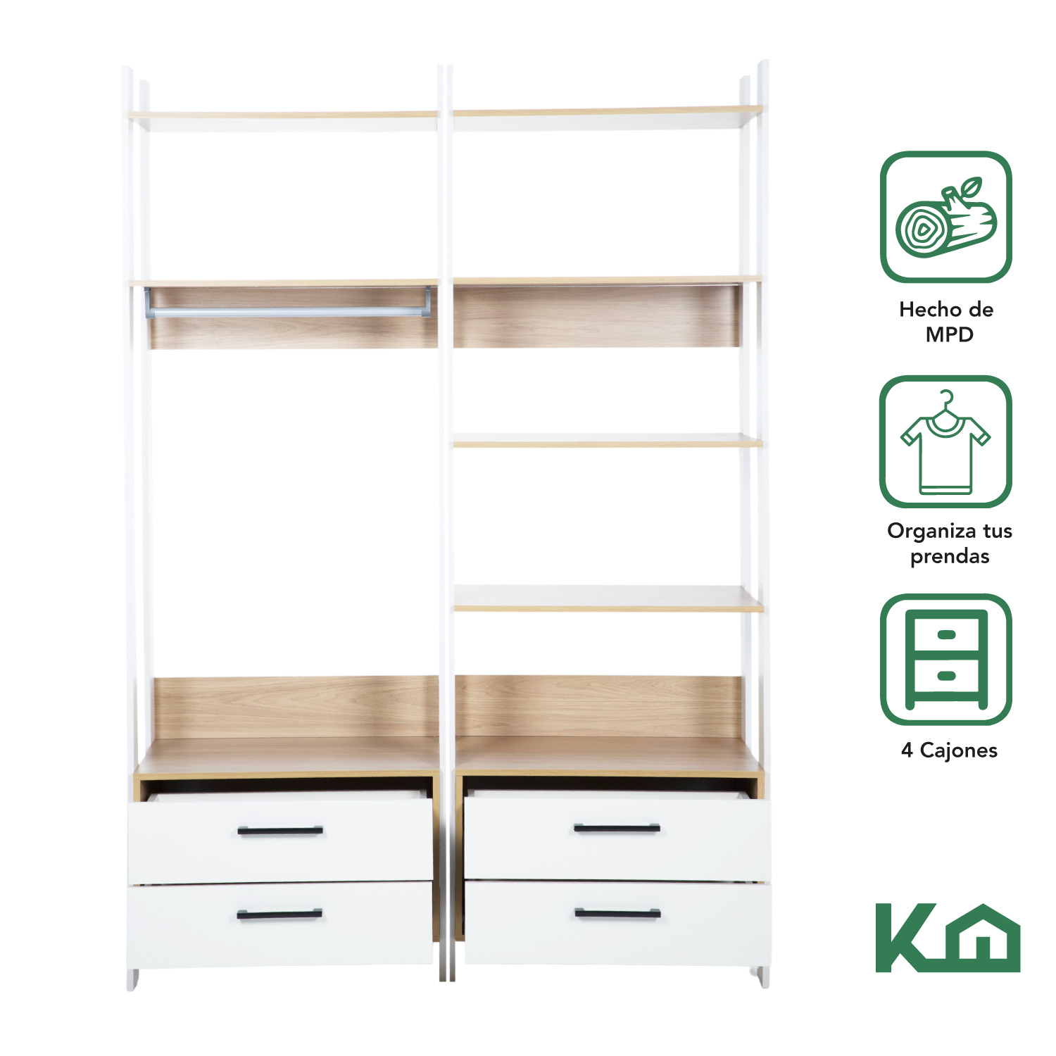 Armario Ropero Guardaropa Perchero Moderno Multiusos Cajones Blanco con Café 1