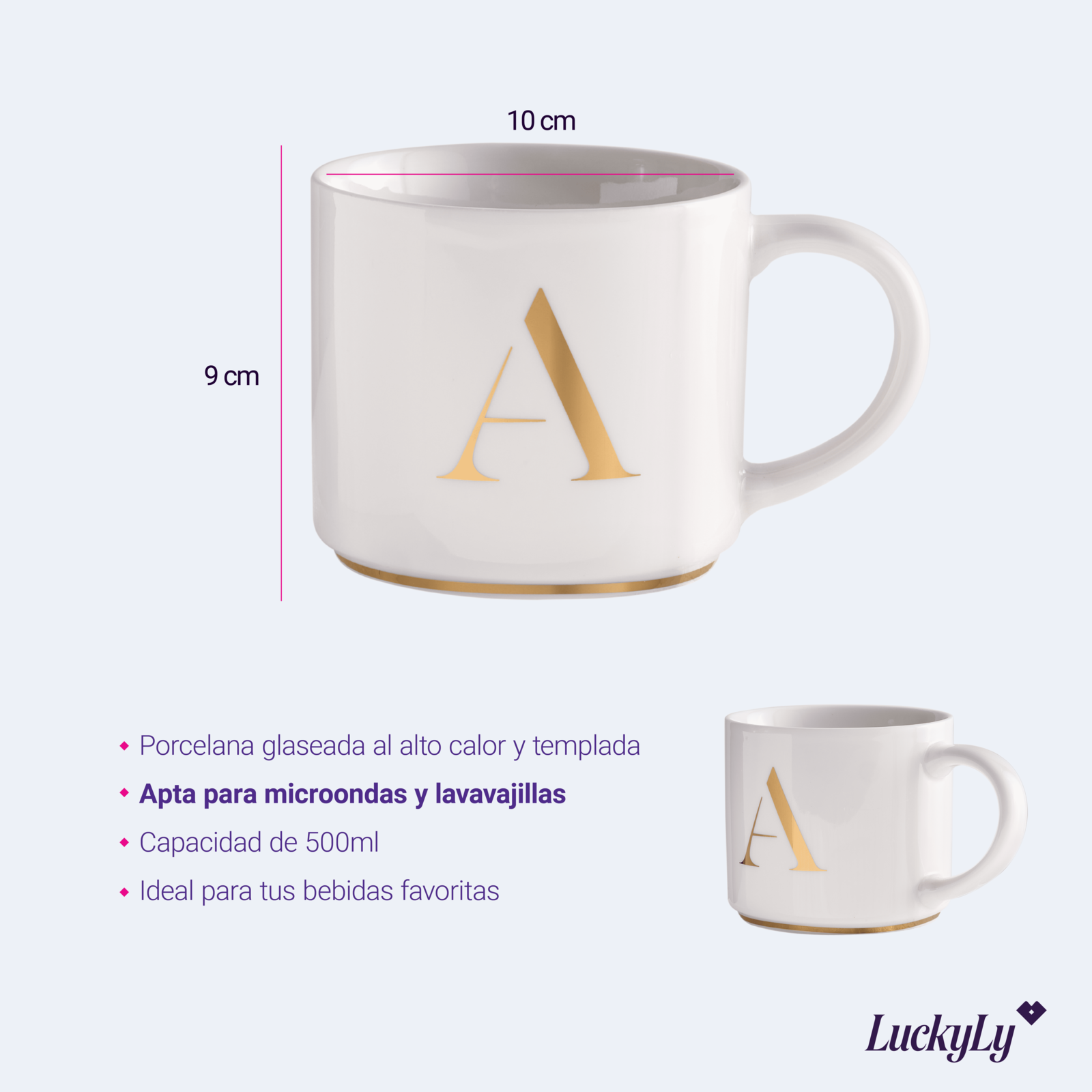 LuckyLy Tazas para Café de Iniciales Oro de 500ml , Grandes y Originales, Taza Térmica - Modelo Marla, Letra O