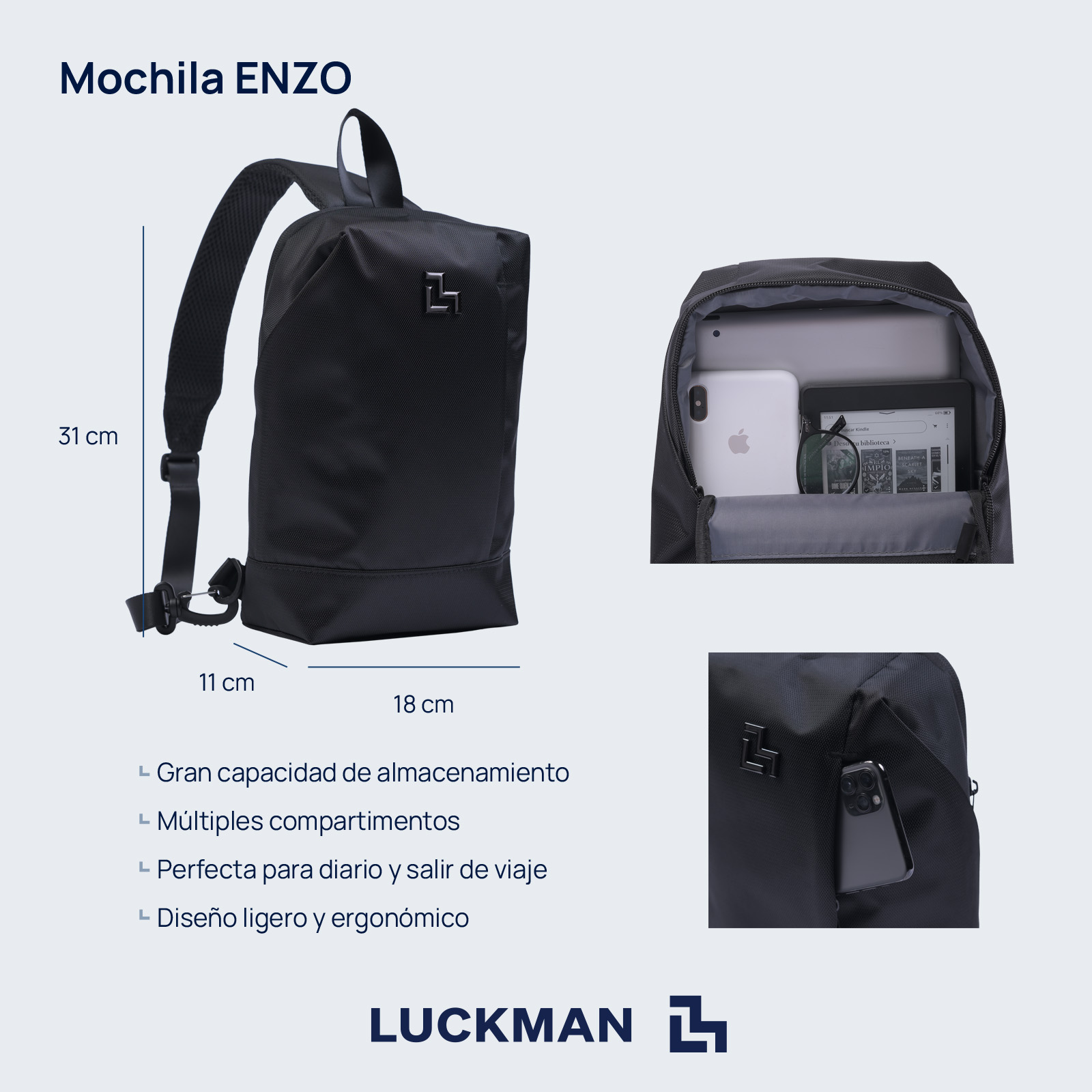 LUCKMAN Mochila Hombre Cruzada Antirrobo tipo Crossbody, Moderna, Múltiples Compartimentos y Repelente al Agua - Enzo, Negro