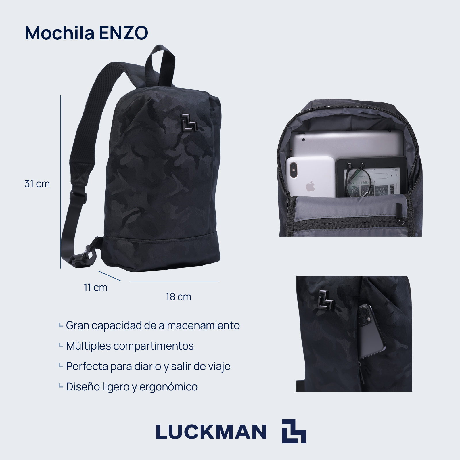 LUCKMAN Mochila Hombre Cruzada Antirrobo tipo Crossbody, Moderna, Múltiples Compartimentos y Repelente al Agua - Enzo, Negro Militar