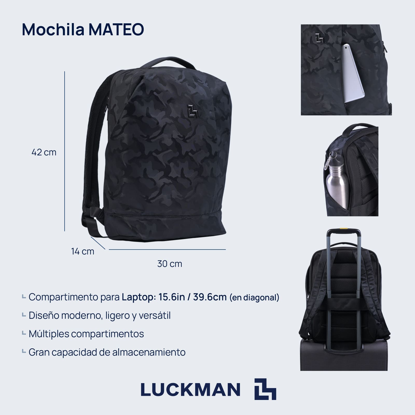 LUCKMAN Mochila para Laptop hasta 15.6 Pulgadas, Moderna Antirrobo, Múltiples Compartimentos, Backpack Hombre Ejecutiva, Escolar de Viaje, Funcional Resistente, Repelente al Agua - Mateo, Negro Militar