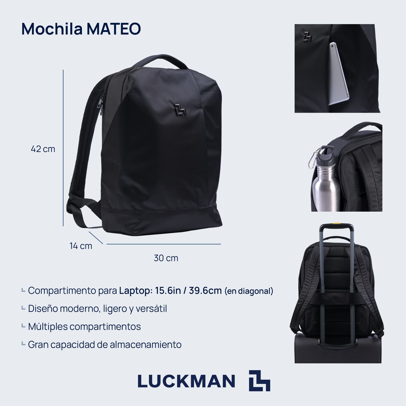 LUCKMAN Mochila para Laptop hasta 15.6 Pulgadas, Moderna Antirrobo, Múltiples Compartimentos, Backpack Hombre Ejecutiva, Escolar de Viaje, Funcional Resistente, Repelente al Agua - Mateo, Negro