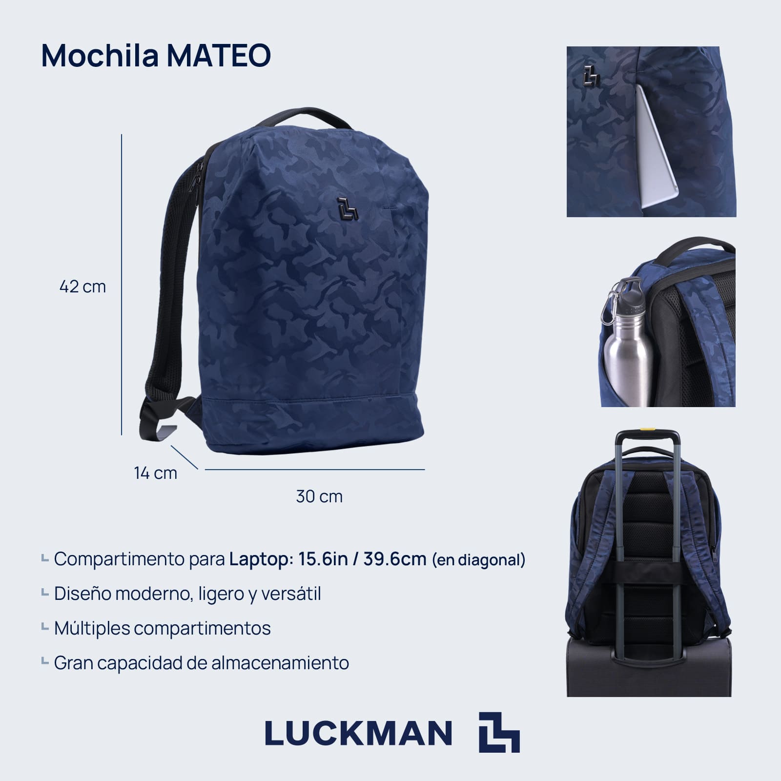LUCKMAN Mochila para Laptop hasta 15.6 Pulgadas, Moderna Antirrobo, Múltiples Compartimentos, Backpack Hombre Ejecutiva, Escolar de Viaje, Funcional Resistente, Repelente al Agua - Mateo, Azul Militar