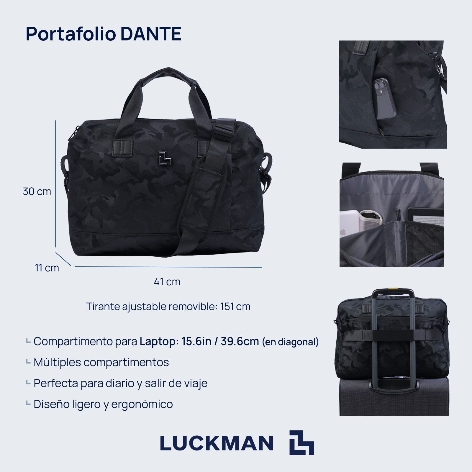 LUCKMAN Portafolio para Hombre tipo Maletín Ejecutivo, ideal como Funda y Mochila para Laptop hasta 15.6 Pulgadas - Modelo Dante Negro Militar