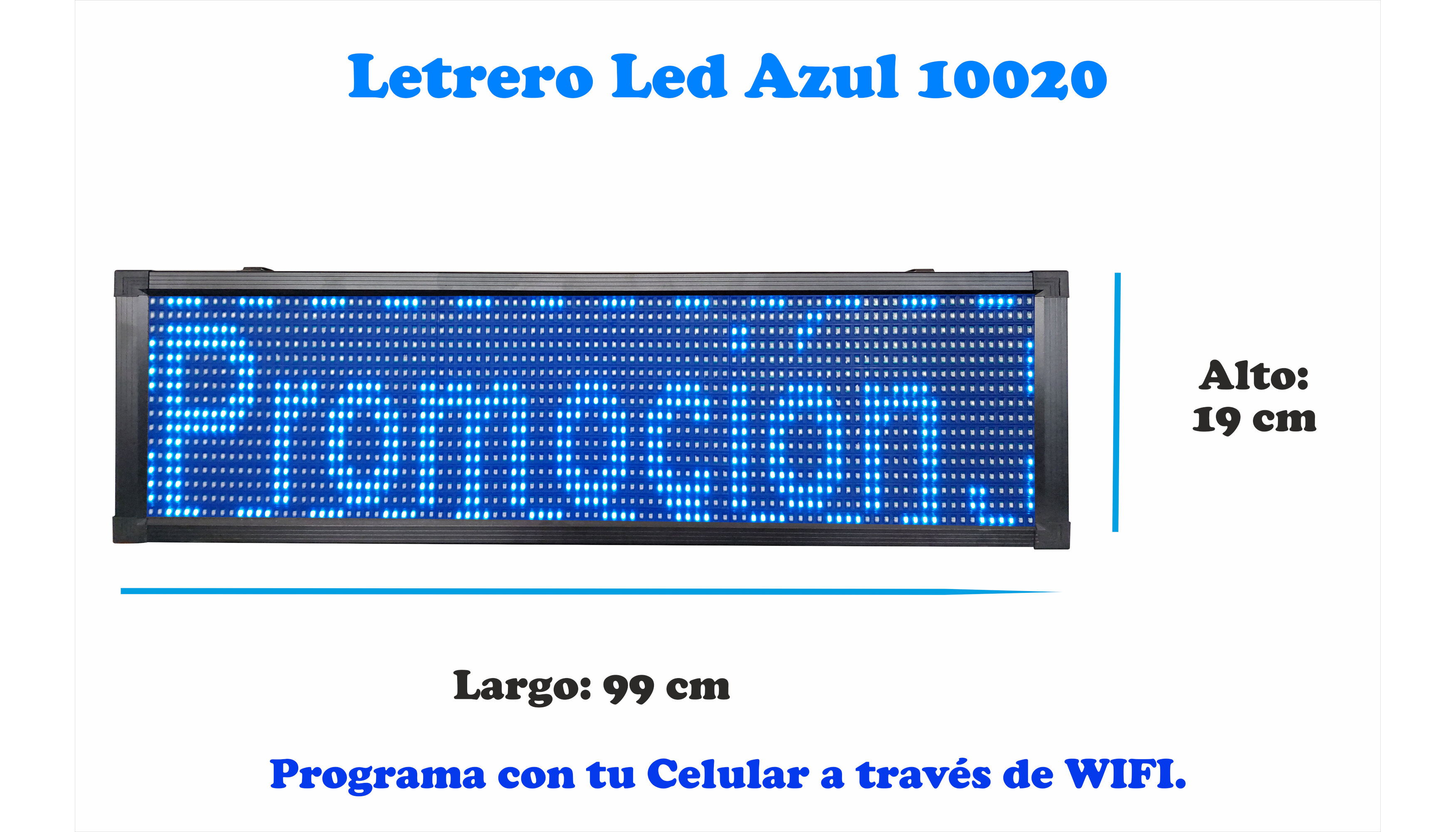 Letrero Led Programable Azul Por Wifi 100x20cm Para Publicidad, Facil de usar.