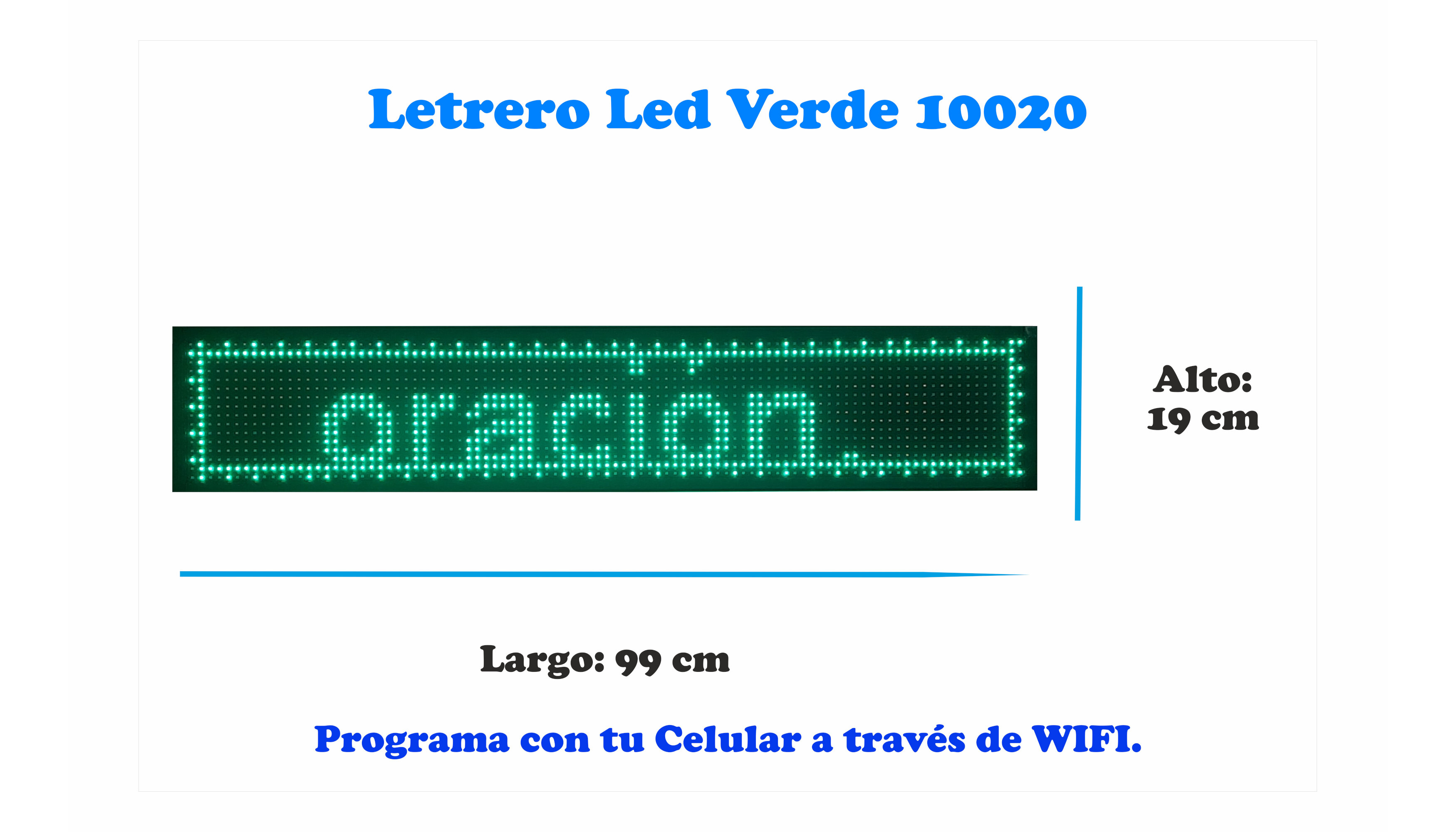 Letrero Led Programable Verde Por Wifi 100x20cm Para Publicidad, Facil de usar.