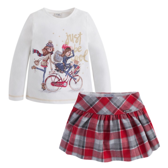 Conjunto camiseta de manga larga y falda con diseño a cuadros para niña marca Mayoral