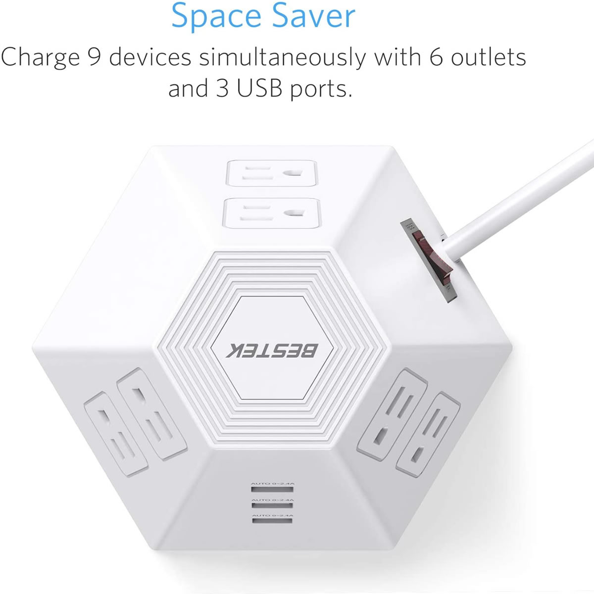 Supresor Multicontacto Piramidal 6AC 3USB Bestek MRJ6016 CST