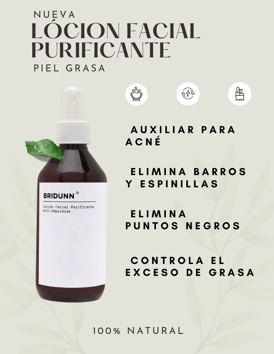 Loción de limpieza Facial Anti Acné, Tónico Anti Grasa, Cierra poros y elimina puntos negros, Astringente con extractos naturales Té verde sin alcohol Bridunn.