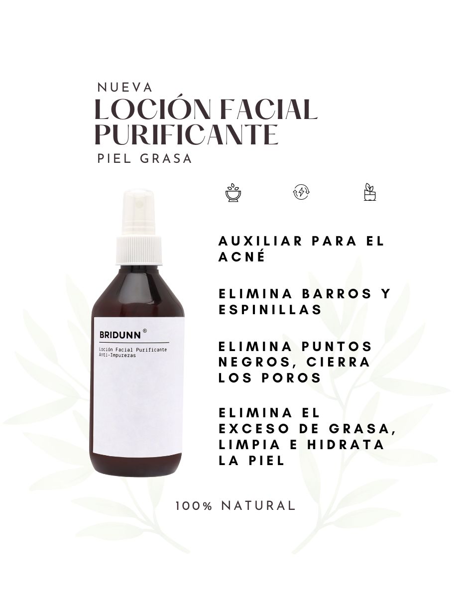 Loción de limpieza Facial Anti Acné, Tónico Anti Grasa, Cierra poros y elimina puntos negros, Astringente con extractos naturales Té verde sin alcohol Bridunn.