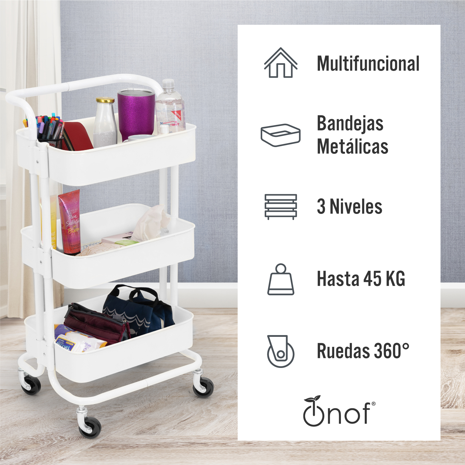 Carrito Organizador Multiusos Metálico De 3 Niveles C/ Agarre Onof